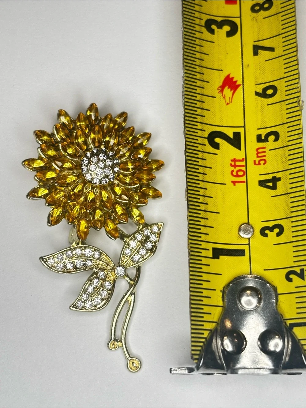 Sunflower Brooch Gold Tone Amber Rhinestone Floral‎ Pin Large 3”